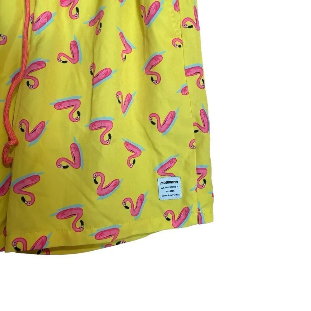Mosmann Australia Lined Swim Trunks Shorts Small Yellow Pink Flamingo Print